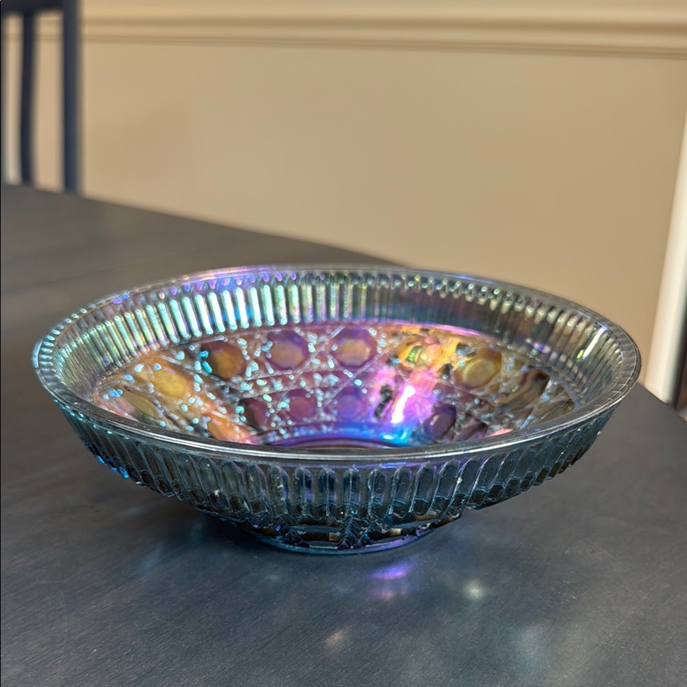 Windsor Indiana Iridescent  Blue Carnival Glass Bowl Vintage Button & Cane 7 1/2